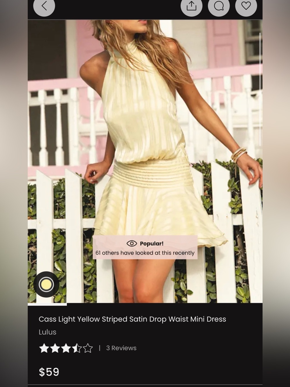 Lulu's Cass yellow striped satin drop waist mini dress, size M NWT